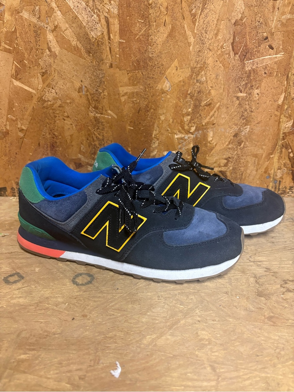 New Balance Navy & Blue Athletic 574 Sneakers with Yellow Accent